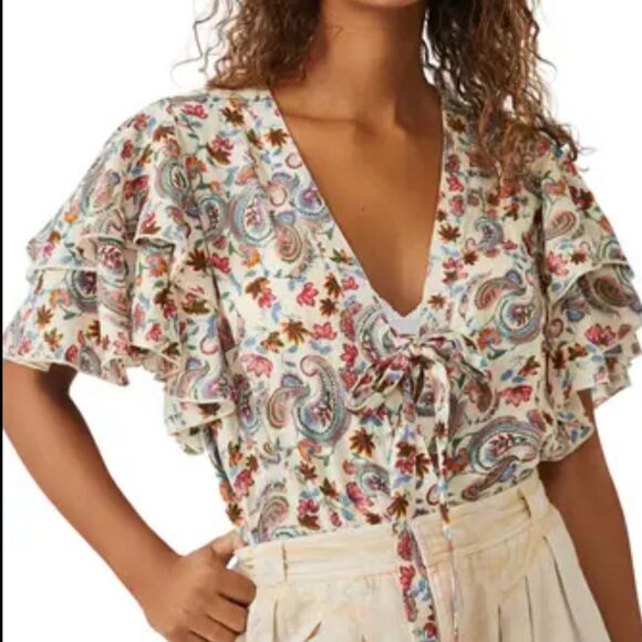 Free People Women’s small Cream Brown Paisley Plunge Bodysuit Flutter - Picture 3 of 14